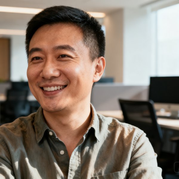 爱游戏中文官网创始人兼CEO李铮，穿着休闲衬衫在办公室微笑